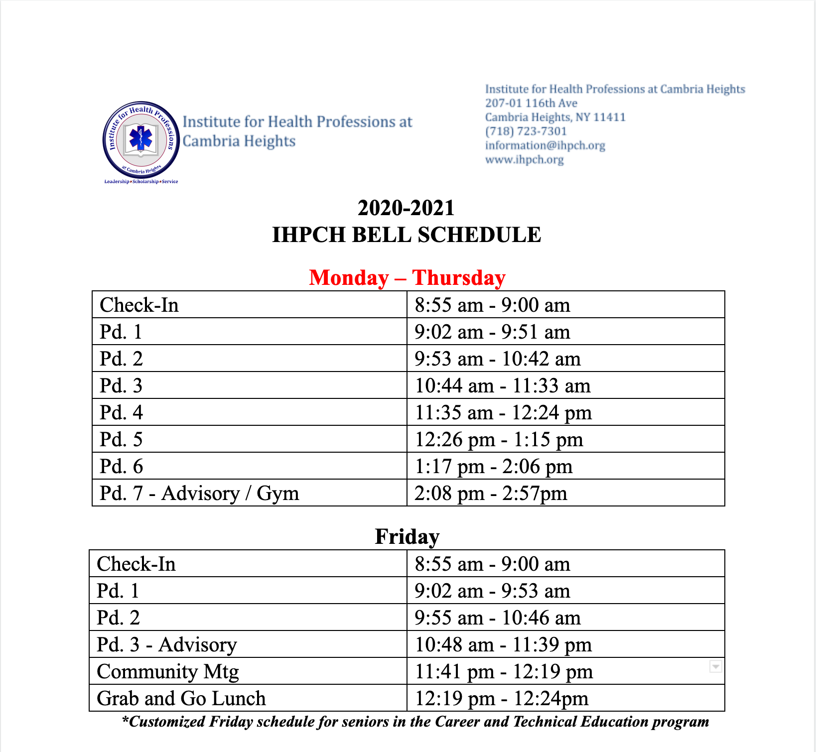 2020 - 2021 Bell Schedule